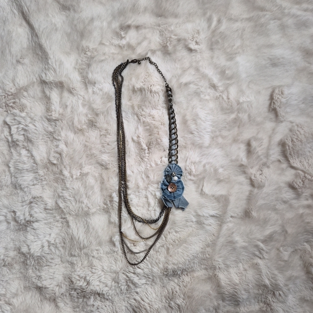 Vintage Y2K Necklace Mixed Materials Denim Blue Jean Flower Chains Buttons Beads